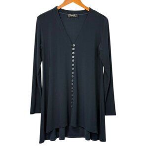 Sympli Duo Diva Tunic Top Button Down Navy Blue Jersey Knit High-Lo Hem Size 12